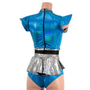 Peacock and Silver Keyhole Romper with Mesh Waistband and Ruffle Rump-3