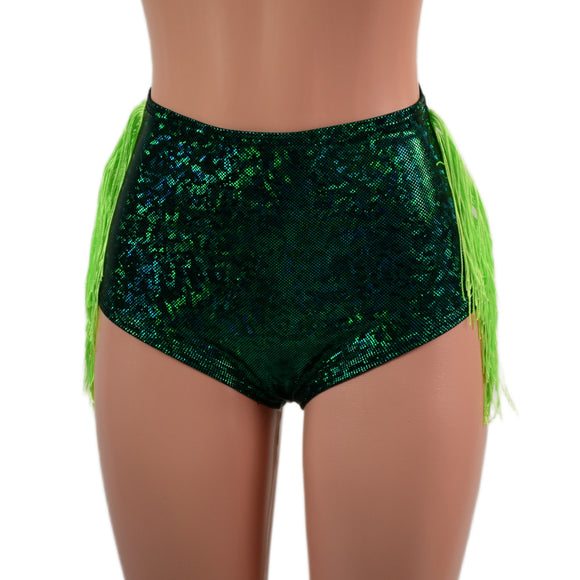 Green Kaleidoscope High Waist Siren Shorts with Neon Lime Chainette Hip Fringe