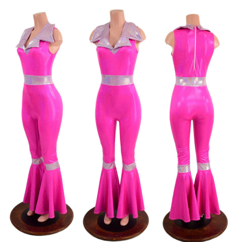 Sleeveless, Bell Bottom Catsuit with Waist and Knee Band Contrast - Coquetry Clothing