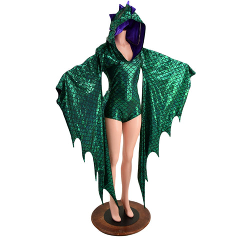 Succubus Sleeve Dragon Hooded Romper with Dragon Tail Ruffle Rump - Coquetry Clothing