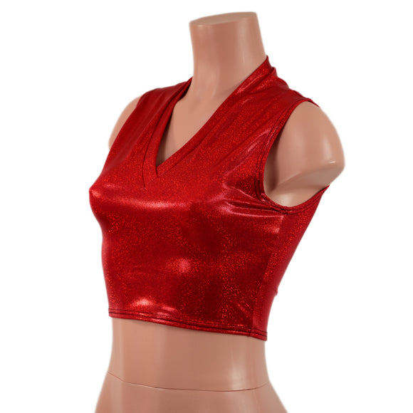 Red Sparkly Jewel V Neck Sleeveless Crop Top