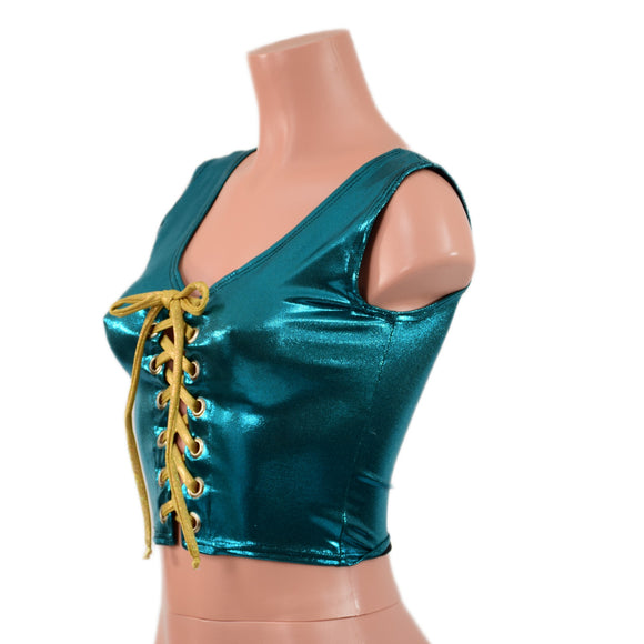 Teal Metallic Laceup Crop Tank