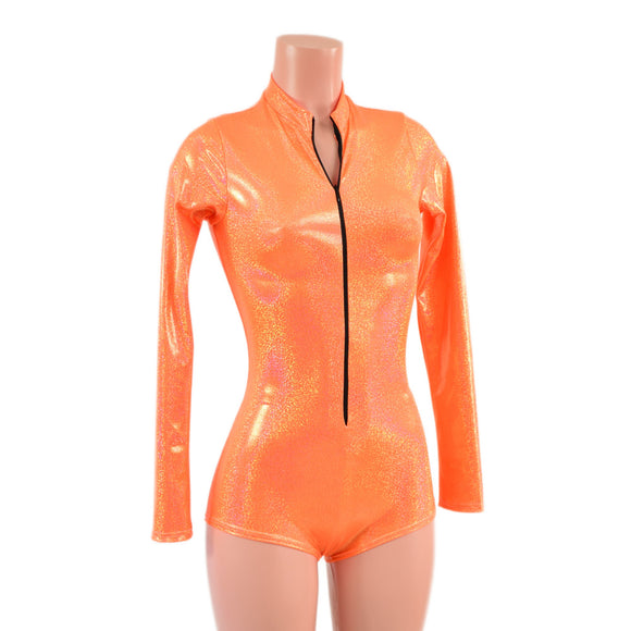Neon Orange Sparkly Jewel Stella Romper with Long Sleeves & Boy Cut Leg