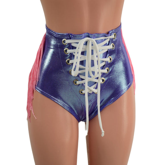 Lavender Ice Laceup Front Siren Shorts with Baby Pink Fringe - Coquetry Clothing