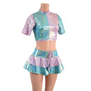 3PC Color Split Crop, Double Ruffle Mini Skirt, and Cheeky Booty Shorts Set - Coquetry Clothing