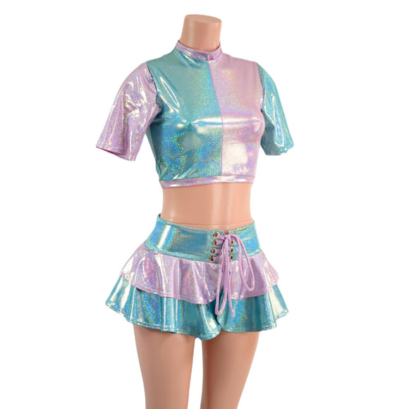 3PC Color Split Crop, Double Ruffle Mini Skirt, and Cheeky Booty Shorts Set - Coquetry Clothing