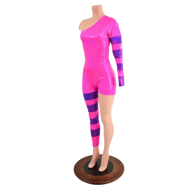 Pink Asymmetrical Catsuit with Grape Holographic Stripes - 3