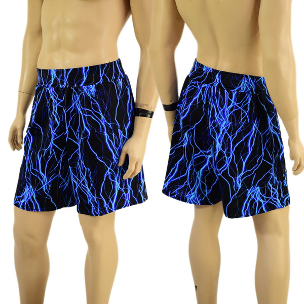 Mens Basketball Shorts with Pockets in Neon Blue Lightning - 1