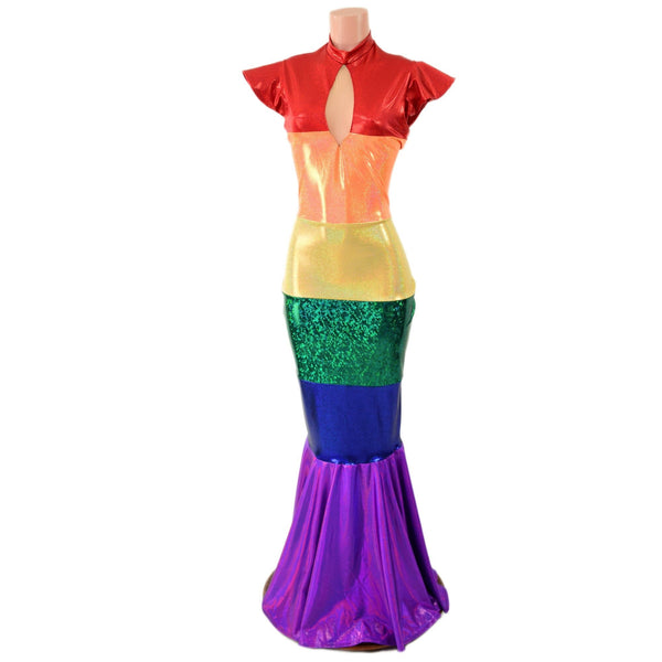 Color Blocked Rainbow Gown with Keyhole and Fishtail Hemline - 2
