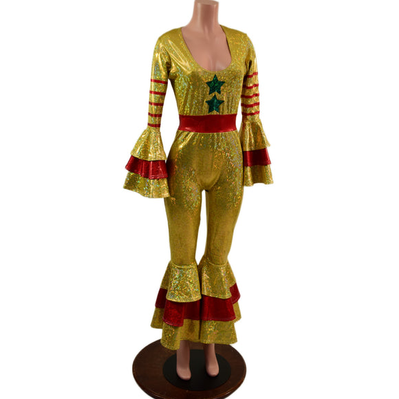 Gold Klown Jumpsuit with Green Stars and Red Stripes, Triple Tier Ruffled Bells
