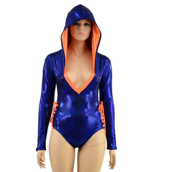 Blue and Orange Hooded Romper with Lace Up Hips - 3