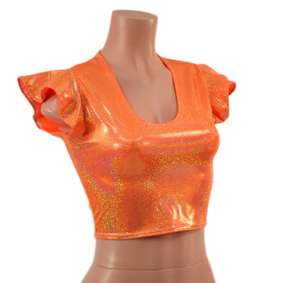 Orange Sparkly Jewel Flip Sleeve Crop Top with Scoop Neck