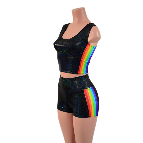 Black Holographic Crop Tank and High Waist Shorts Set with Retro Rainbow Side Panels