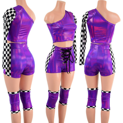 4PC Grape & Checkered Wrestling Shorts, Crop Top and Knee Pad Covers Set