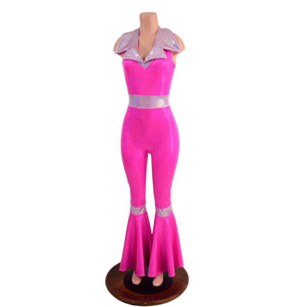 Sleeveless, Bell Bottom Catsuit with Waist and Knee Band Contrast - 4