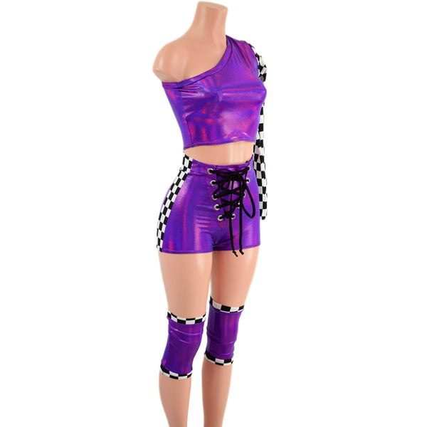 4PC Grape & Checkered Wrestling Shorts, Crop Top and Knee Pad Covers Set - 6