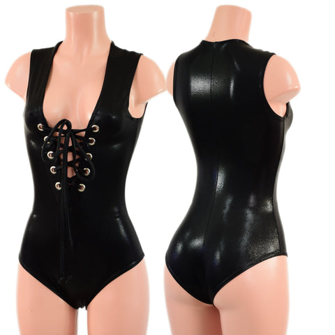 Black Mystique Sleeveless Romper with Plunging Laceup Neckline