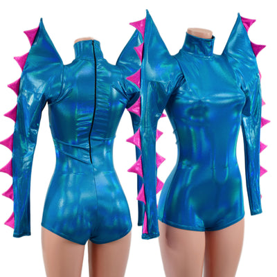 Spiked Mega Sharp Shoulder Romper in Peacock Holographic