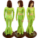 Girls Neon Lime Holographic Bell Bottoms and Long Sleeve Crop Top Set-1
