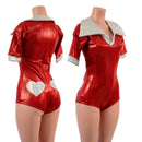 Red Sparkly Romper with Banded Tee Sleeves, Disco Collar, and Heart Applique-1