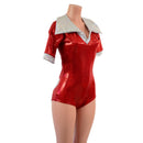 Red Sparkly Romper with Banded Tee Sleeves, Disco Collar, and Heart Applique-5
