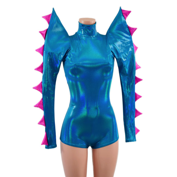 Spiked Mega Sharp Shoulder Romper in Peacock Holographic