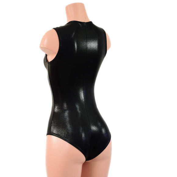 Black Mystique Sleeveless Romper with Plunging Laceup Neckline