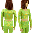 Girls Long Sleeve Crop Top in Neon Lime Holographic-1