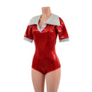 Red Sparkly Romper with Banded Tee Sleeves, Disco Collar, and Heart Applique-4