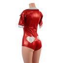 Red Sparkly Romper with Banded Tee Sleeves, Disco Collar, and Heart Applique-3