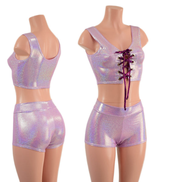 Lilac and Fuchsia Laceup Mini Crop Tank and Midrise Shorts Set - 1
