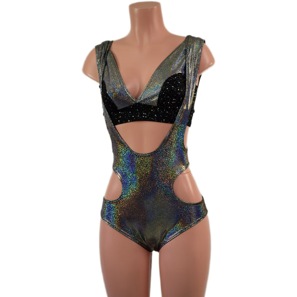 Silver Holographic Hipnotic Suspender Romper and Starlette Bralette Set