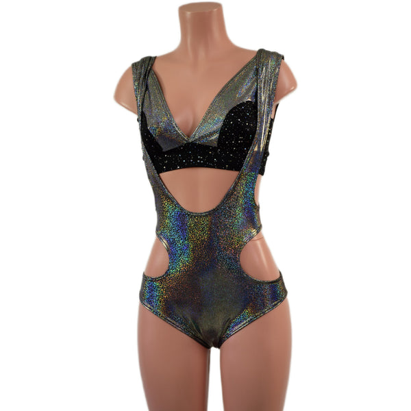 Silver Holographic Hipnotic Suspender Romper and Starlette Bralette Set - 3