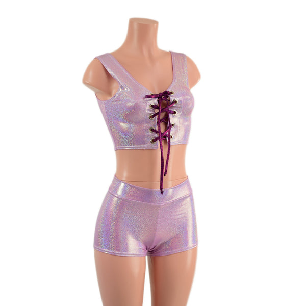Lilac and Fuchsia Laceup Mini Crop Tank and Midrise Shorts Set - 6