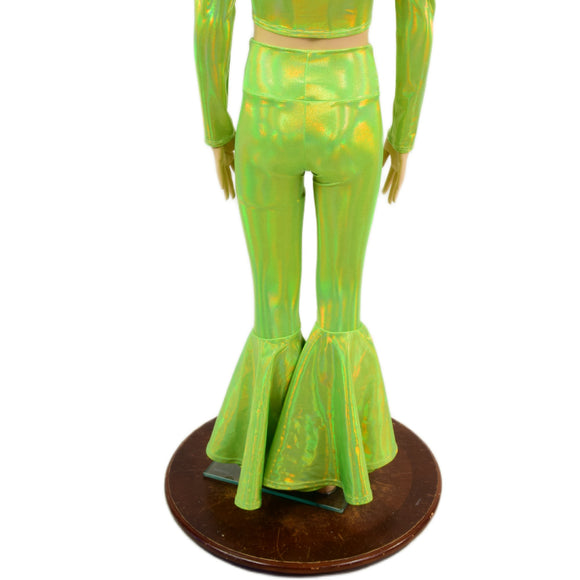 Kids Neon Lime Holographic Bell Bottom Leggings