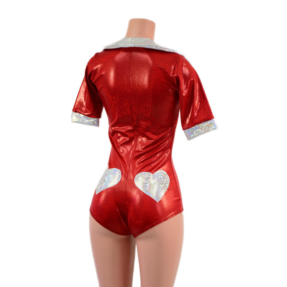 Red Sparkly Romper with Banded Tee Sleeves, Disco Collar, and Heart Applique