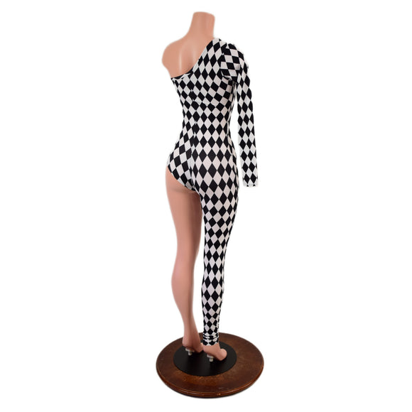 Asymmetrical Black and White Diamond Print Catsuit