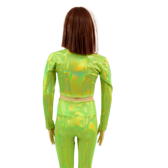Girls Long Sleeve Crop Top in Neon Lime Holographic