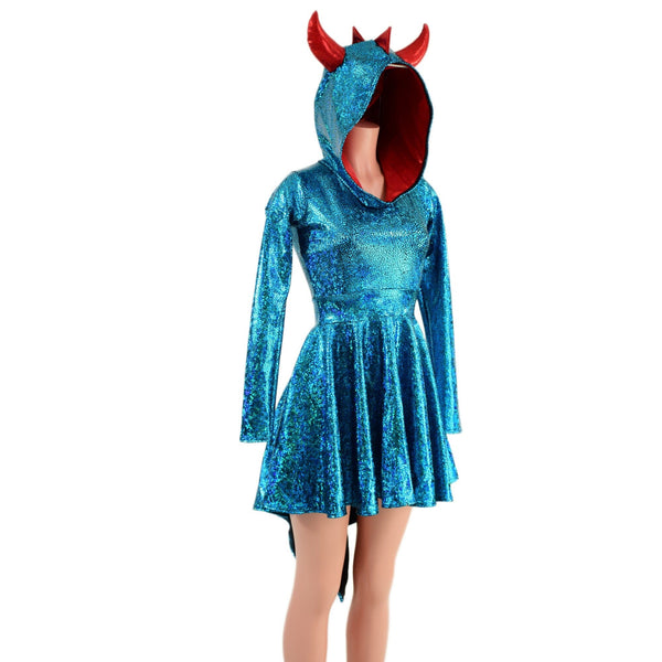 Turquoise Dragon Hoodie Skater Dress  with Spikes and HORNS - 4