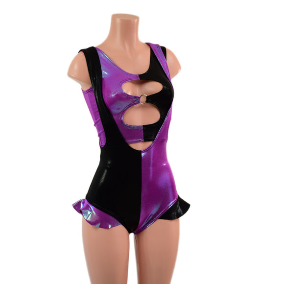 Split Color Suspender Romper with Hip Ruffles and O-ring Crop Top