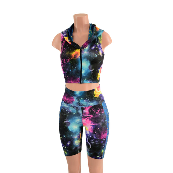 Zipper Front Dragon Hooded Crop Top and Side Pocket Bike Shorts Set - Coquetry Clothing