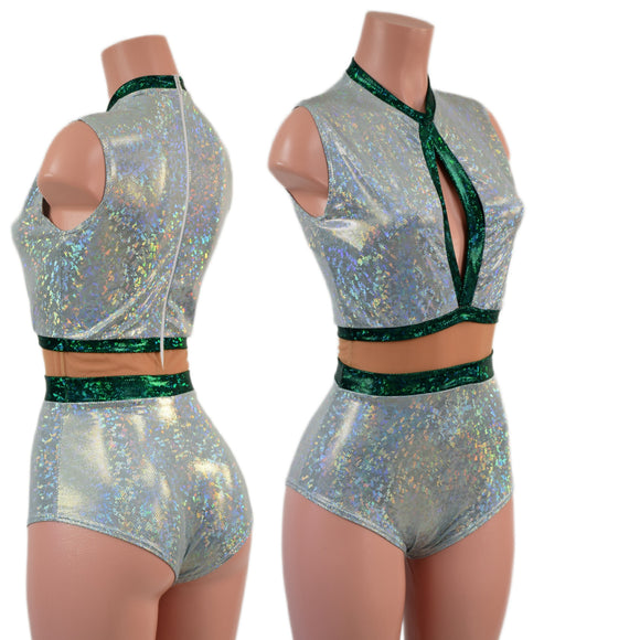 Sleeveless Frostbite Keyhole Romper with Nude Mesh Waistband