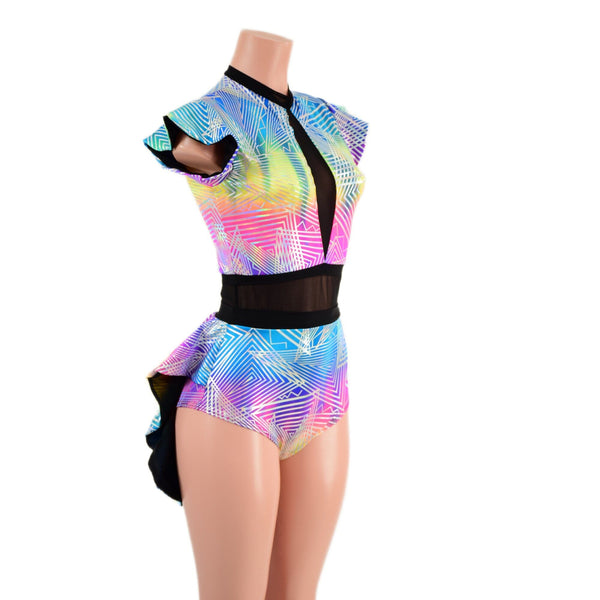 Spectrum Holo Romper with Inset Mesh Keyhole Neckline and Mini Tux Back Tails - 3