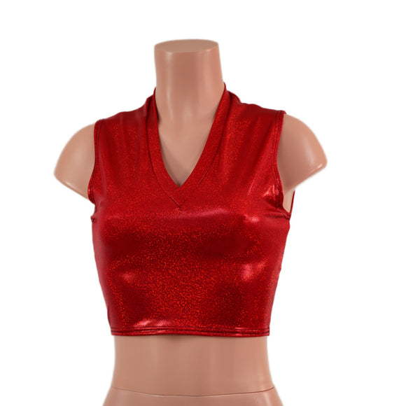 Red Sparkly Jewel V Neck Sleeveless Crop Top
