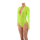 Sheer Neon Yellow Mesh Long Sleeve Brazilian Romper with Plunging V Neckline-2