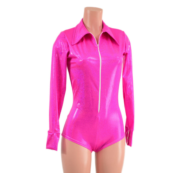 Neon Pink Sparkly Rodeo Romper with Snap Cuffs and Boy Cut Leg - 2