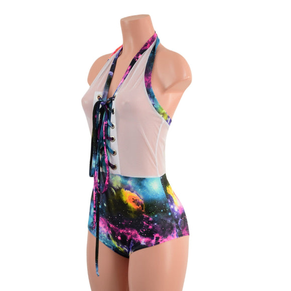 Mesh & Galaxy Sheer Bella Romper with Siren Cut Leg - Coquetry Clothing