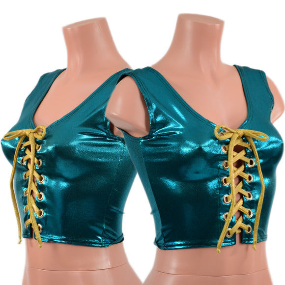 Teal Metallic Laceup Crop Tank