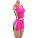 Neon Pink Sparkly Jewel Crop Tank and High Waist Shorts Set with Retro Rainbow Side Panels-6