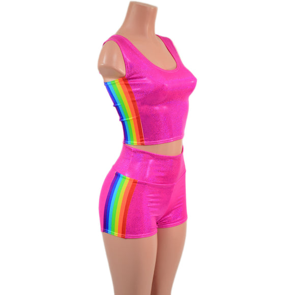 Neon Pink Sparkly Jewel Crop Tank and High Waist Shorts Set with Retro Rainbow Side Panels